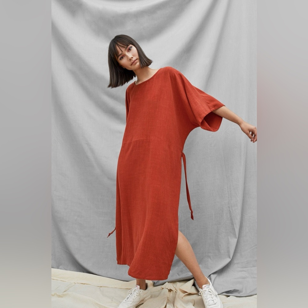Devlyn van Loon Tie-Back Dress in “Cayenne” (rusty brick red)